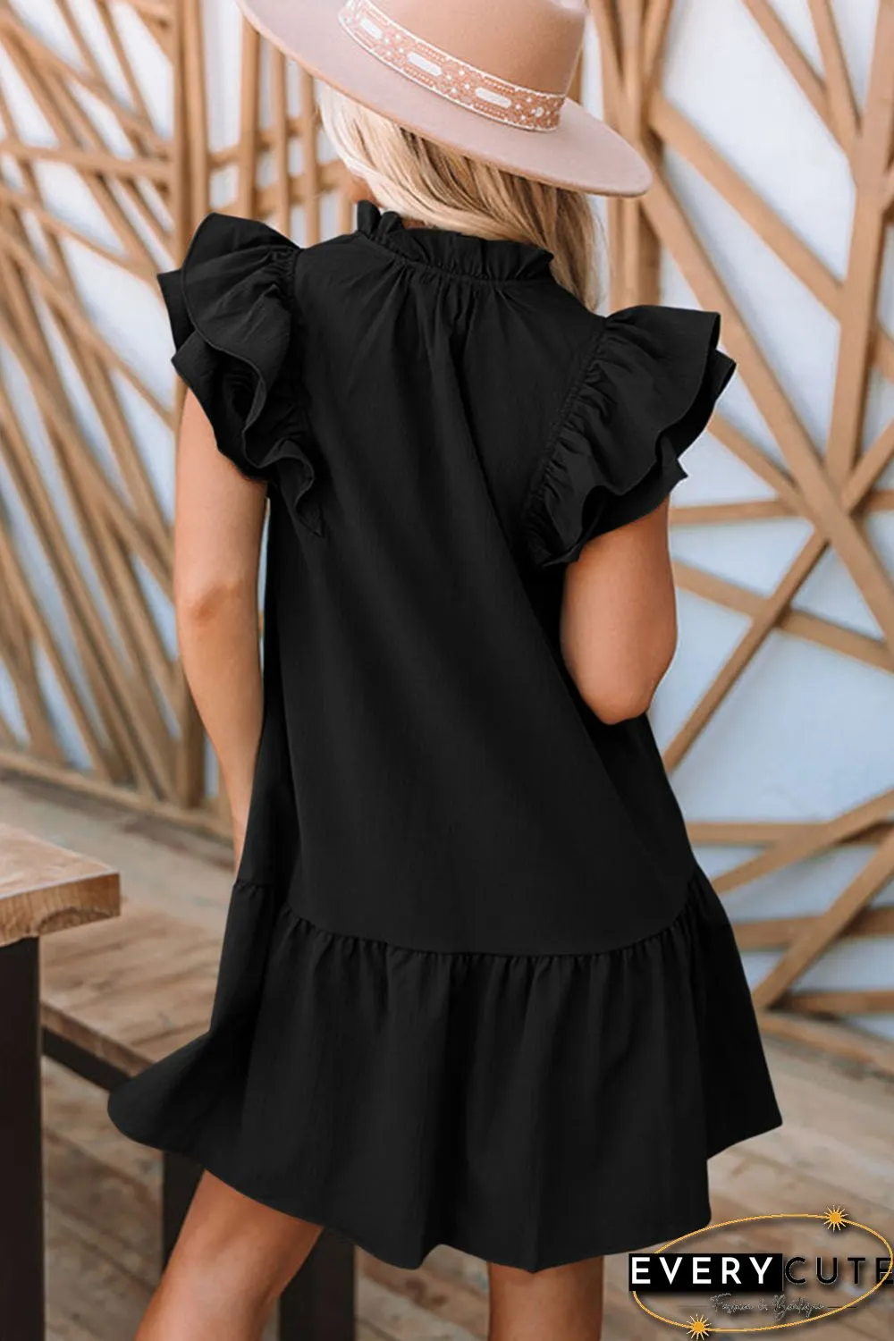 Black Floral Embroidered Ruffle Sleeve Shift Dress