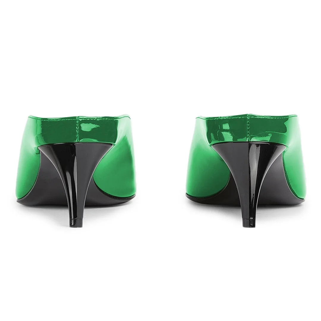 Green Patent Leather V-Cut Kitten Heel Pointy Toe Mules for Women