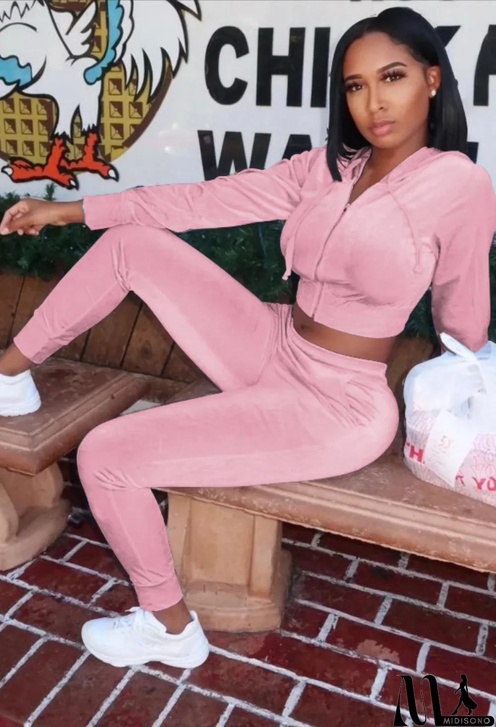 MidiSono - Autumn Casual Sports Velvet Pink Zip Crop Hoodies and Matching Pants Set