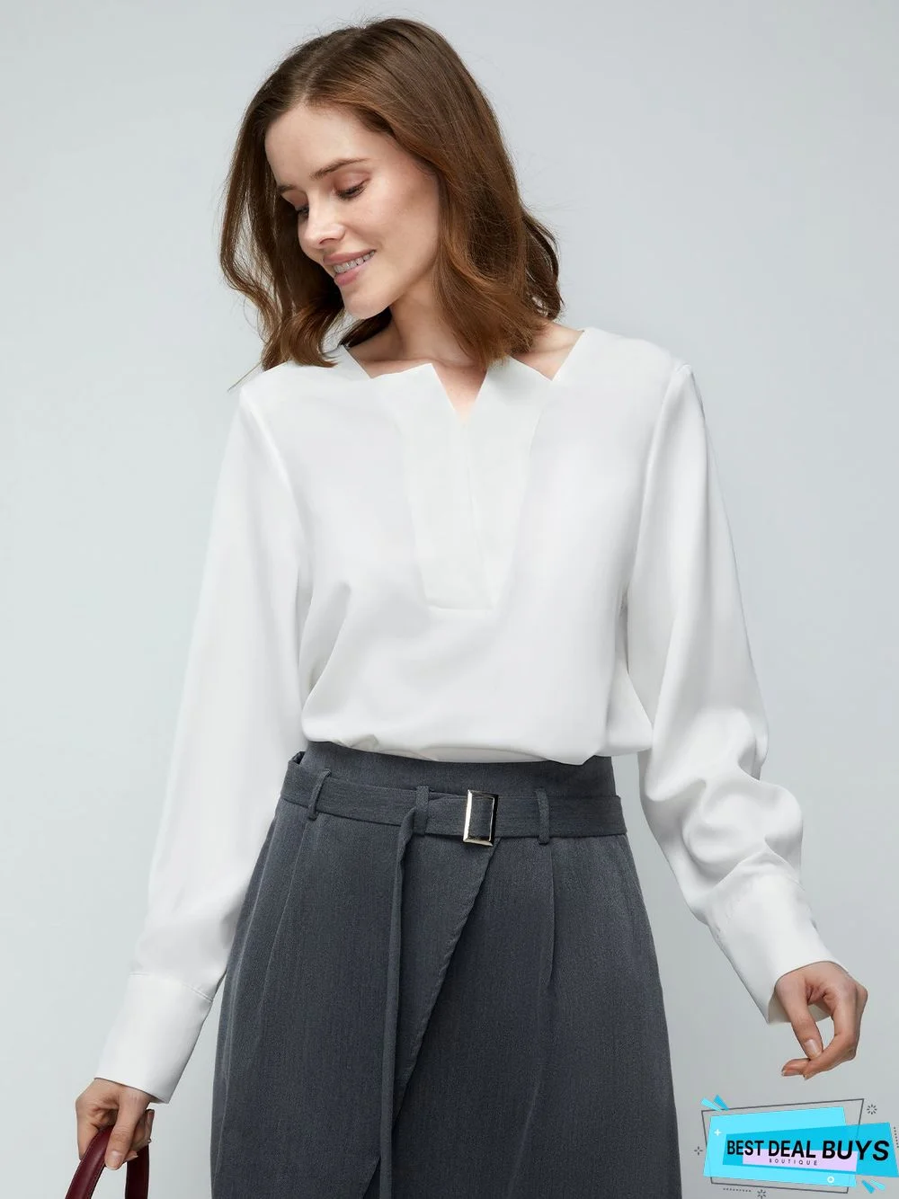 White Daily Long sleeve Plain V Neck Simple Blouse