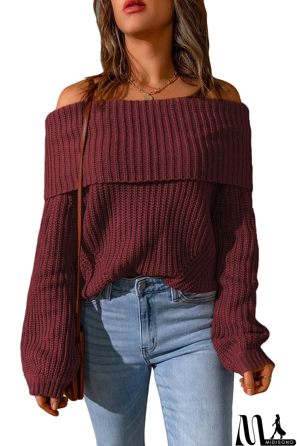 MidiSono - Red Ribbed Knit Foldover Off Shoulder Sweater