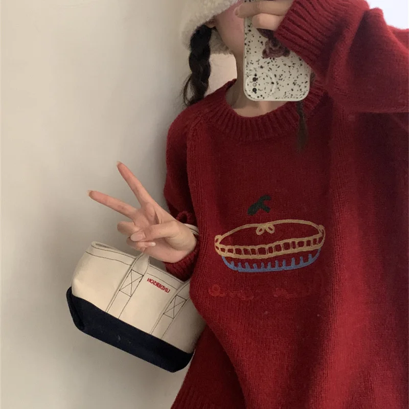 Churchf Churchf Winter 2023 Korean Version Of East Gate Round Collar Cake Jacquard Sweater Women's Fashion Loose Casual Long Sleeve Knitting