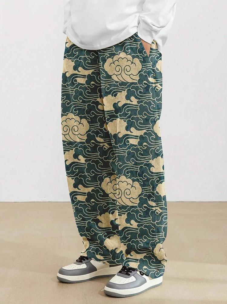 Men's Sea Waves Japanese Art Print Loose Drawstring Waist Sweatpants