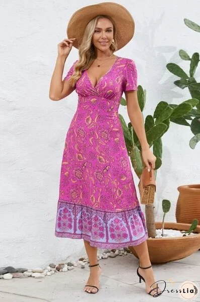 Printed Surplice Short Sleeve Dress