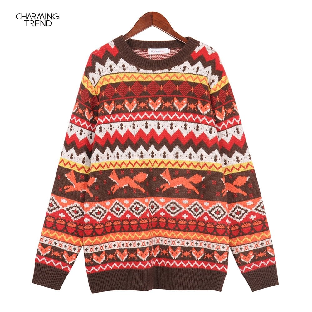 Vintage Sweaters Winter Thicken Knitwear Pullovers Women Oversized National Jacquard Woolen Sweater Color Striped Top Sweaters