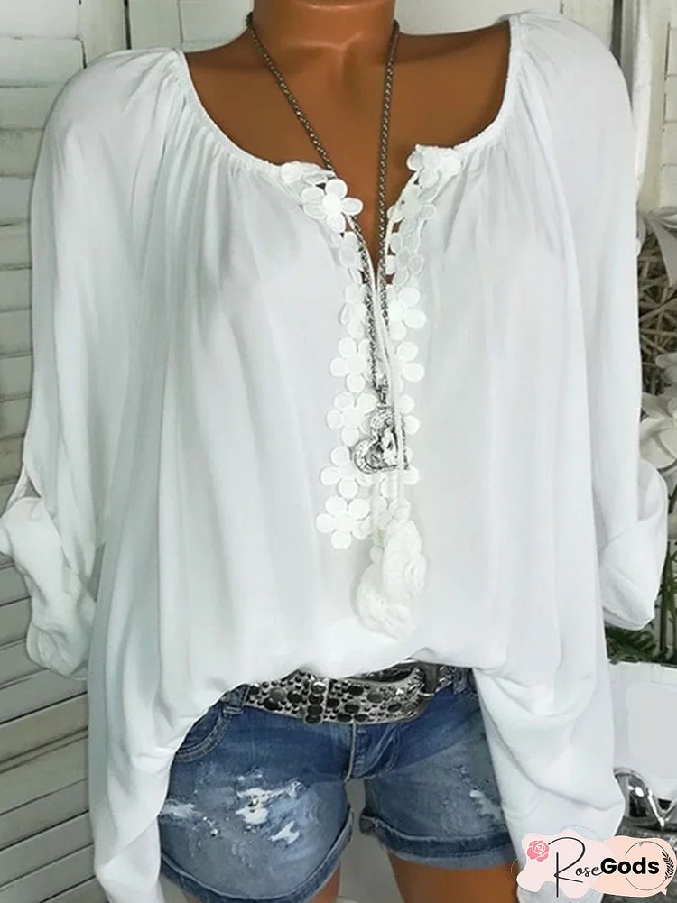 Long Sleeve Casual Solid V Neck Blouse