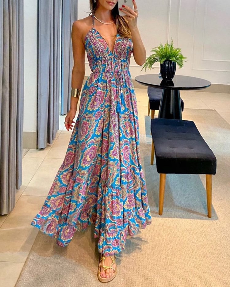 Casual V-neck Open Back Printed Dress