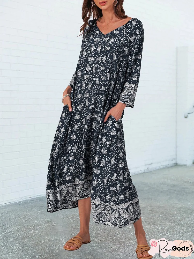 Shift V Neck 3/4 Sleeve Tribal Boho Maxi Dress