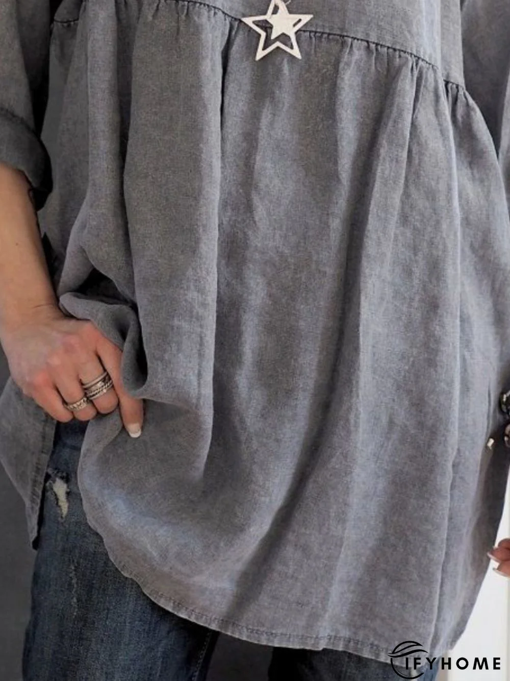 Gray Round Neck Cotton Plain 3/4 Sleeve T-shirt | IFYHOME