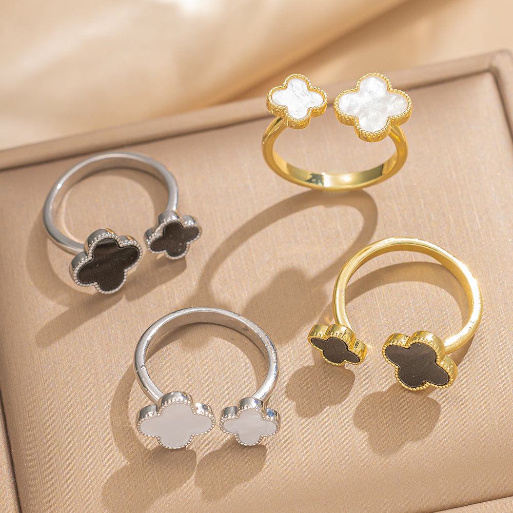 Korean Korean Classic Black And White Leaf Open Ring Adjustable Size Index Finger Ring Female Gift