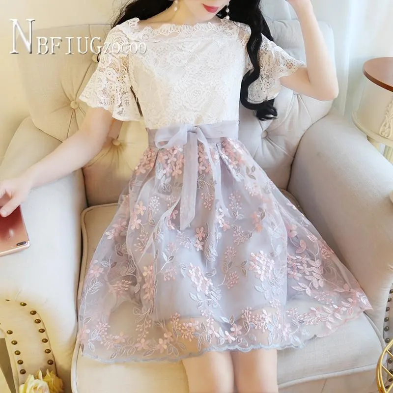 2020 Summer Korean Lace Patchwork Embroidery Women Dress Slim Female Fairy Dresses