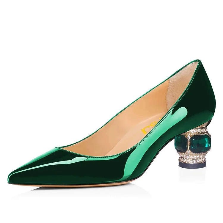 Green Mirror Leather Crystal Chunky Heels Pumps |FSJ Shoes