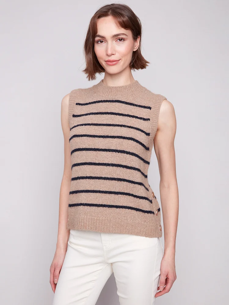 Striped Sleeveless Sweater Vest - Heather Camel