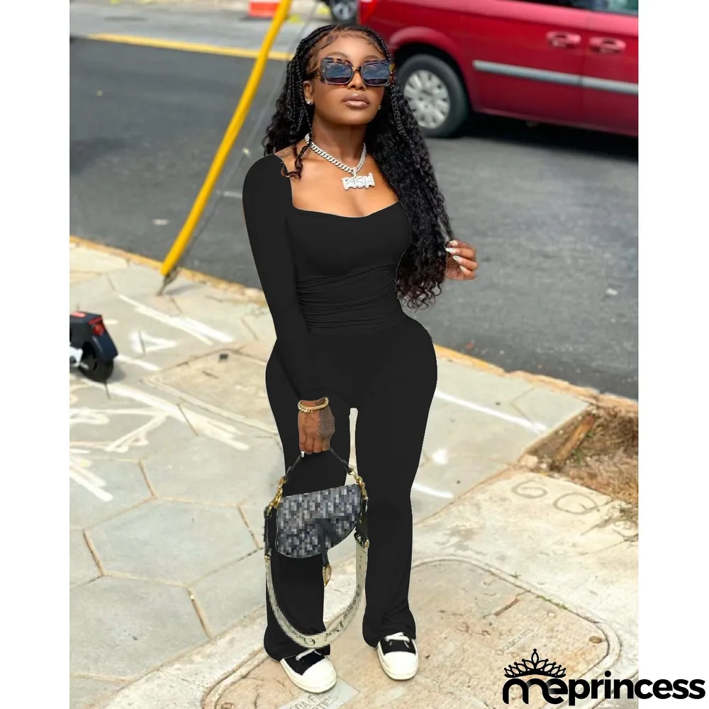 Solid Long Sleeve Two Piece Pants Sets