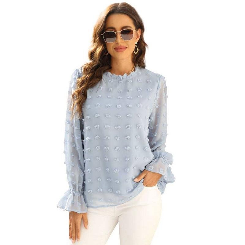 Women Solid Blouse Fashion Jacquard Stand Neck Long Sleeve Chic Office Work Tops Lady Plus Size Casual Elegant Chiffon Shirts