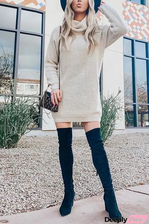 Pockets Cowl Neck Sweater Dress