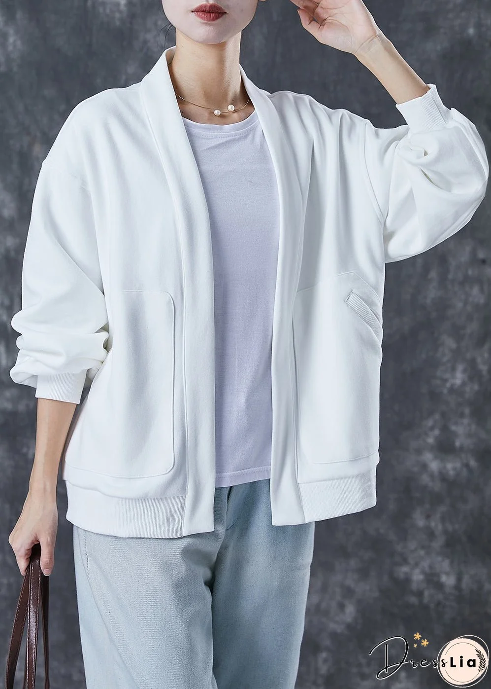 Simple White Oversized Pockets Cotton Cardigan Spring