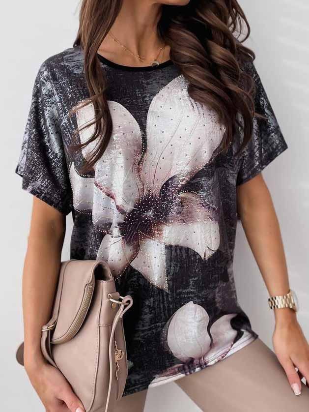 Women Round Neck Short Sleeve Floral Printed Top T-shirt