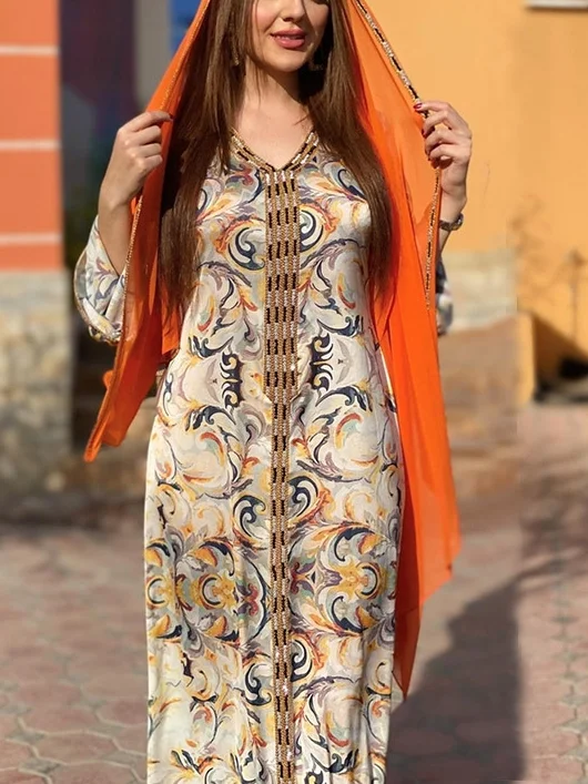 Women's Ethnic Pattern v-Neck Long Sleeve Abaya