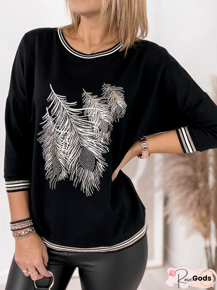 Silky Feather Floral Round Neck Loose Sweatshirt