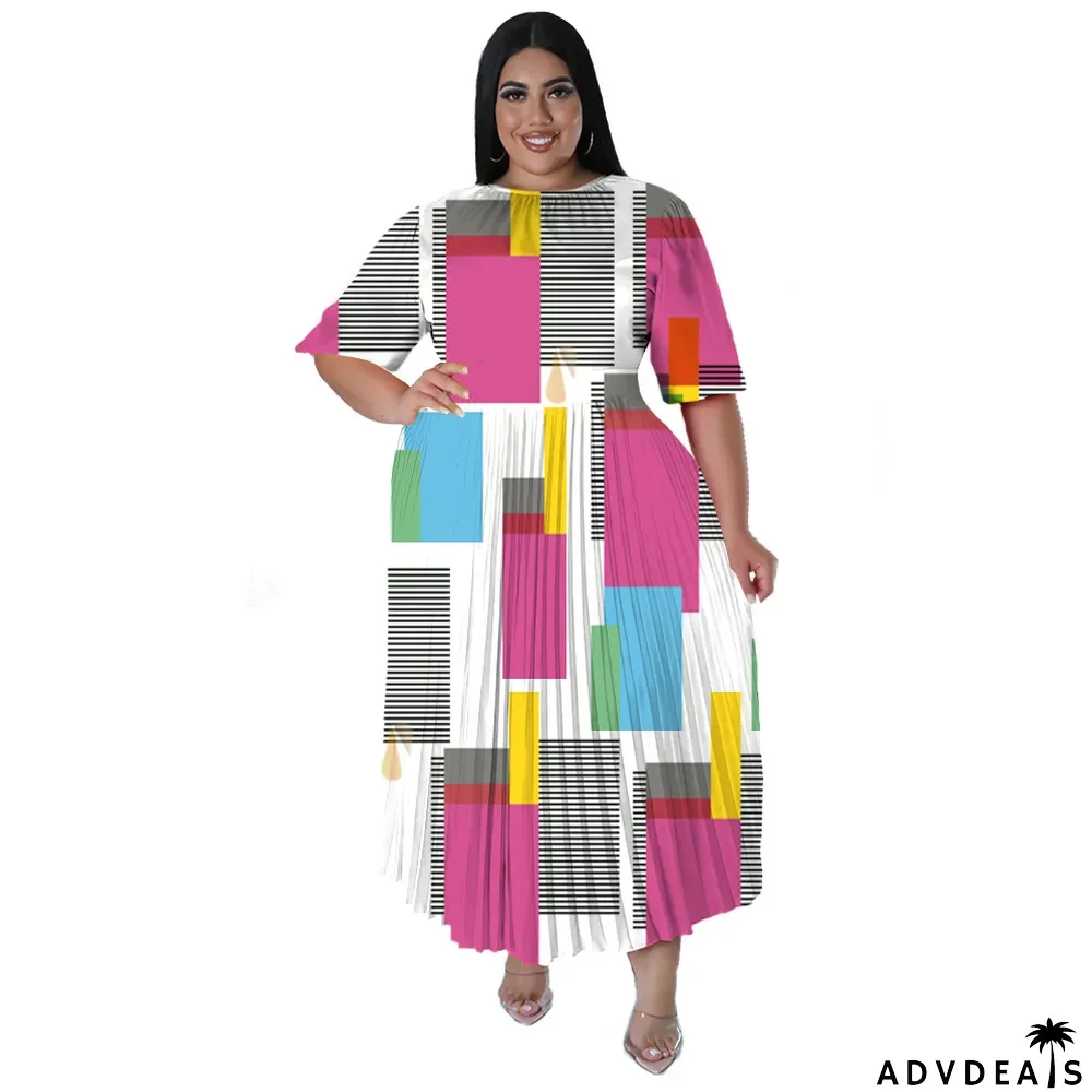 Plus Size Women's Digital Positioning Print Pleated Round Neck Long Casual Dress