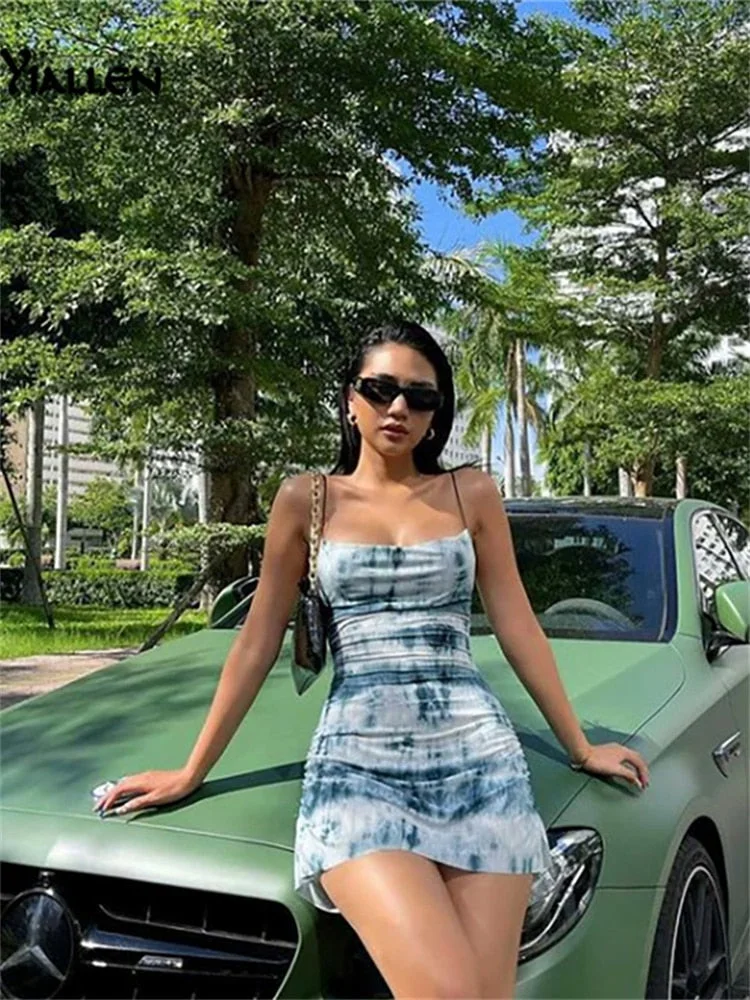 Yiallen Summer Fashion Knitting Sling Dress Women Sleeveless Sexy Side Drawstring Casual Printing Lady Street Slim MIni Dresses