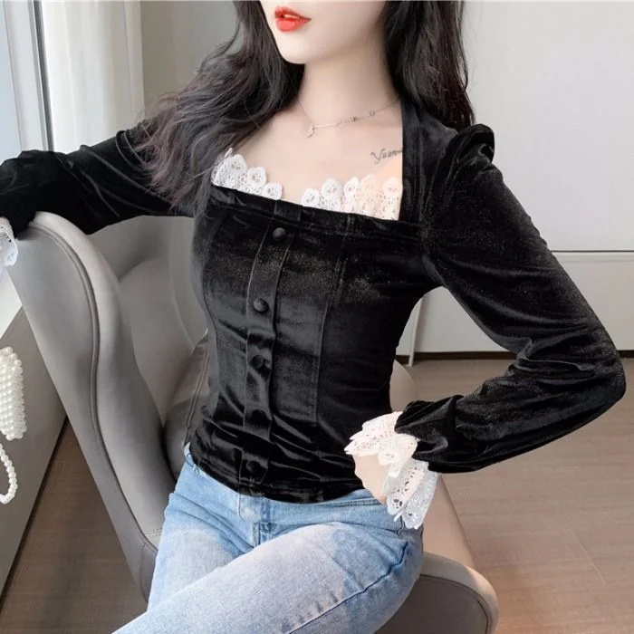 Vintage velvet blouse women&#39;s autumn Shirts Blusas Top Plus Size Blouse Femme Button Down Shirt Tops