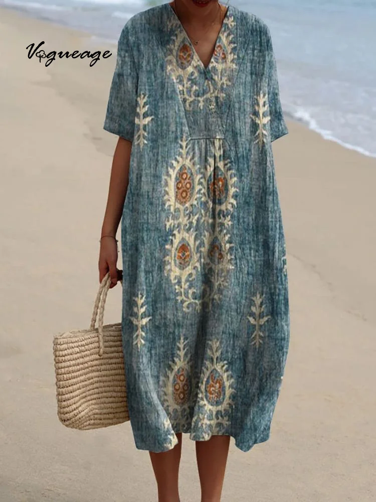 Simple And Elegant Plants Printed Women's Casual Cotton And Linen Dress