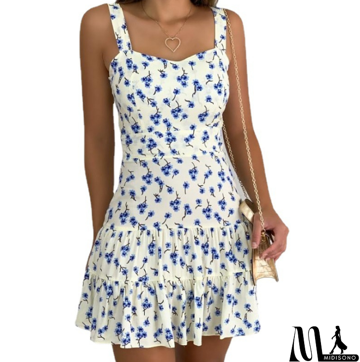 MidiSono - Printed High-Waist Women'S Ruffled Floral Sling Dress