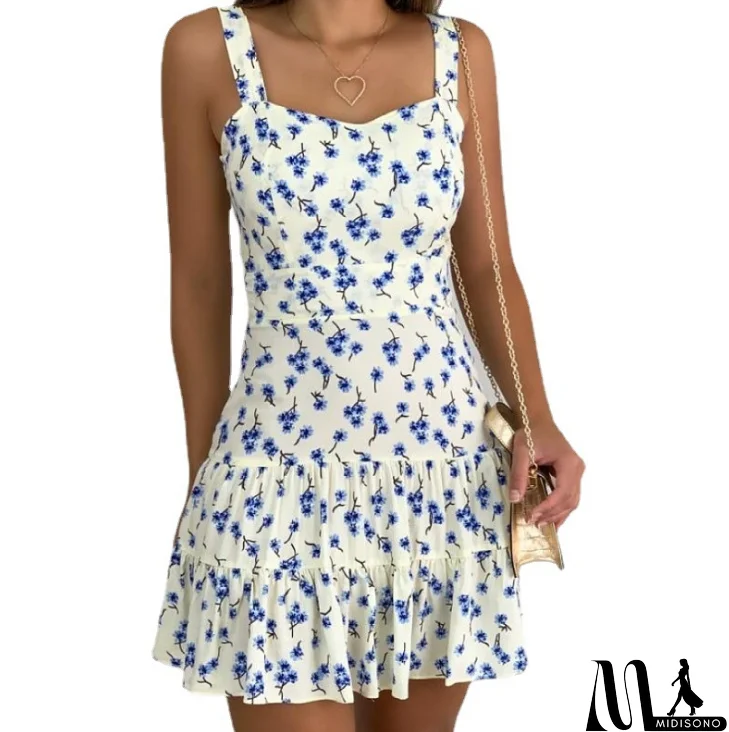 MidiSono - Printed High-Waist Women'S Ruffled Floral Sling Dress