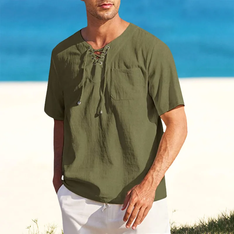 Men's Tie Pocket Loose V-Neck Solid Short Sleeve Shirt-inspireuse