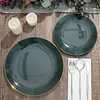 10 Pack | 10" Glossy Hunter Emerald Green Round Plastic Dinner Plates With Gold Rim, Disposable Party Plates