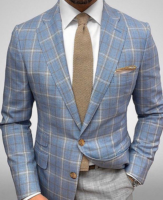 OK Classic Blue Plaid Notch Lapel Two Button Slim Fit Blazer