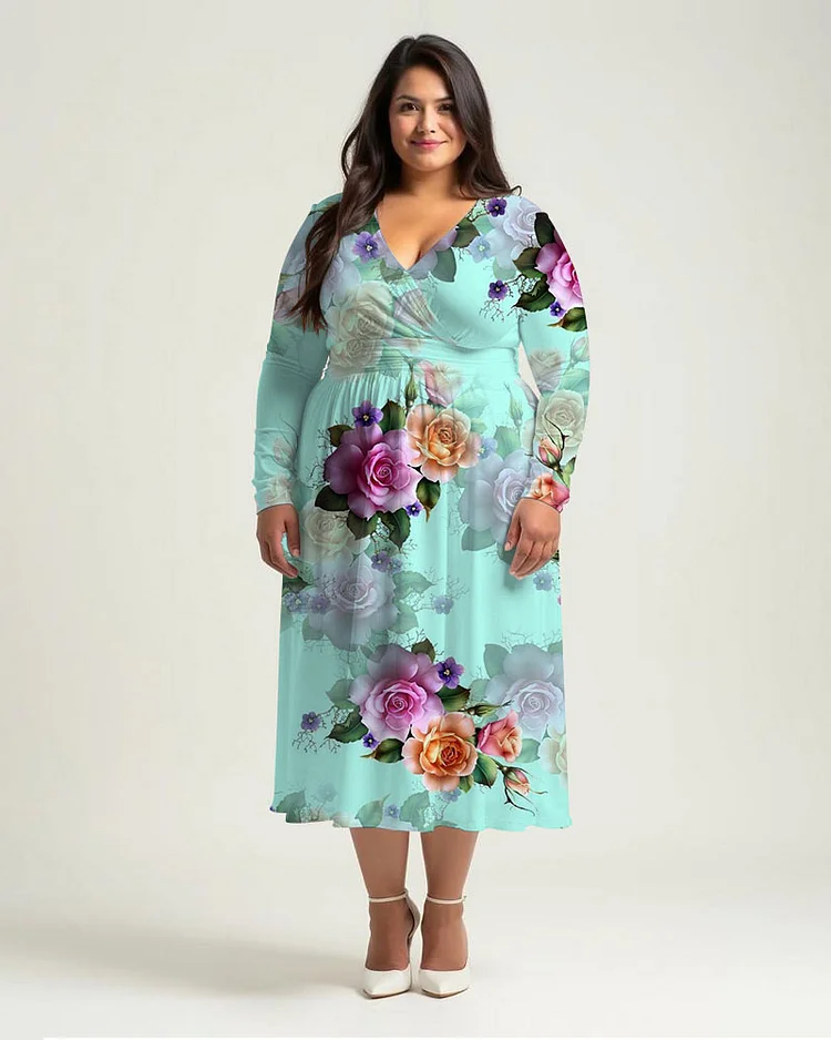 Plus Size Elegant Colorblock Roses Print Wrap Midi Dress