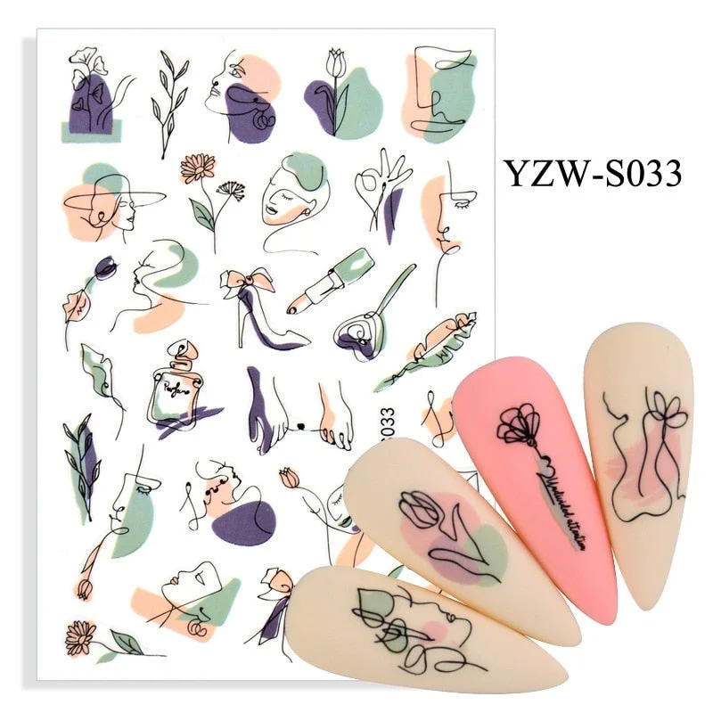 Sexy Lady Shaped Fashion Nail Sticker Geometric Abstract Line Nails Inspired Decals Art 3D Adhesive Sliders Manicure Accessory