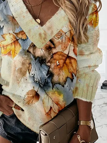 V Neck Casual Leaf Printed Wool/Knitting Plus Size Sweater