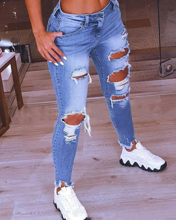 Fashion Casual Solid Mid Waist Regular Jeans - Chicaggo
