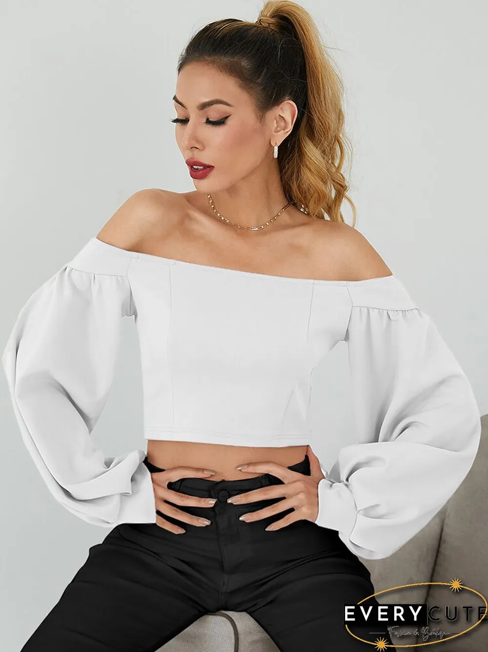 Solid Lantern Long Sleeve Off The Shoulder Crop Top