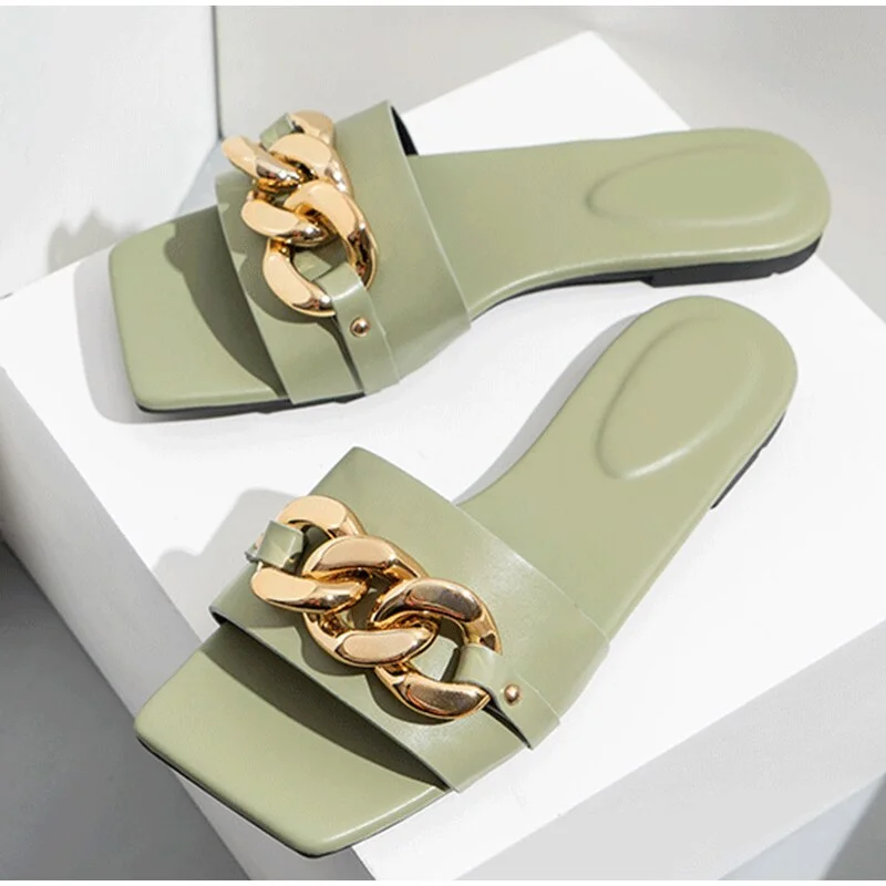 Women Slippers High Heels Chain PU Square Toe Fashion Woman Pumps Summer Sandals Outdoor Comfort Ladies Footwear New 2021