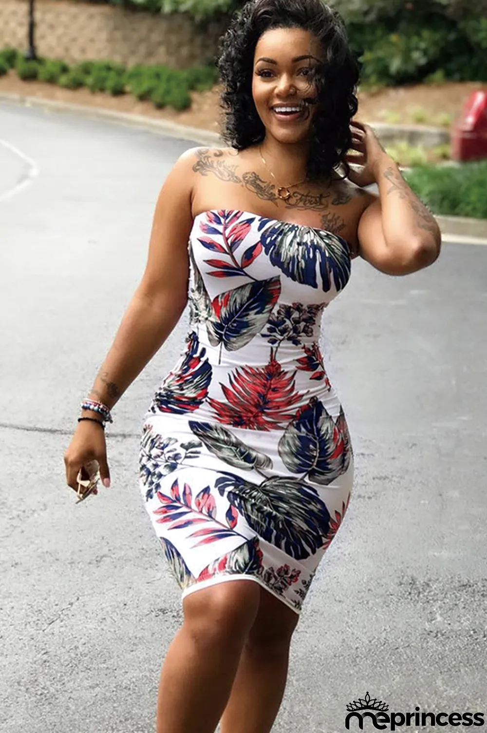 Multi-color Fashion Sexy Off The Shoulder Sleeveless Wrapped chest Hip skirt Mini Print