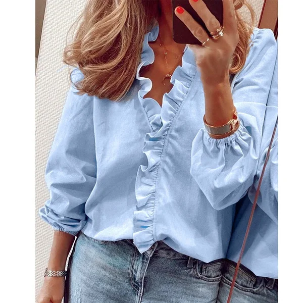 XS-8XL Plus Size Fashion Clothes Women's Casual Spring Summer Tops Long Sleeve Deep V-neck Shirts Loose T-shirts Ladies Flare Tops Solid Color Chiffon Blouses