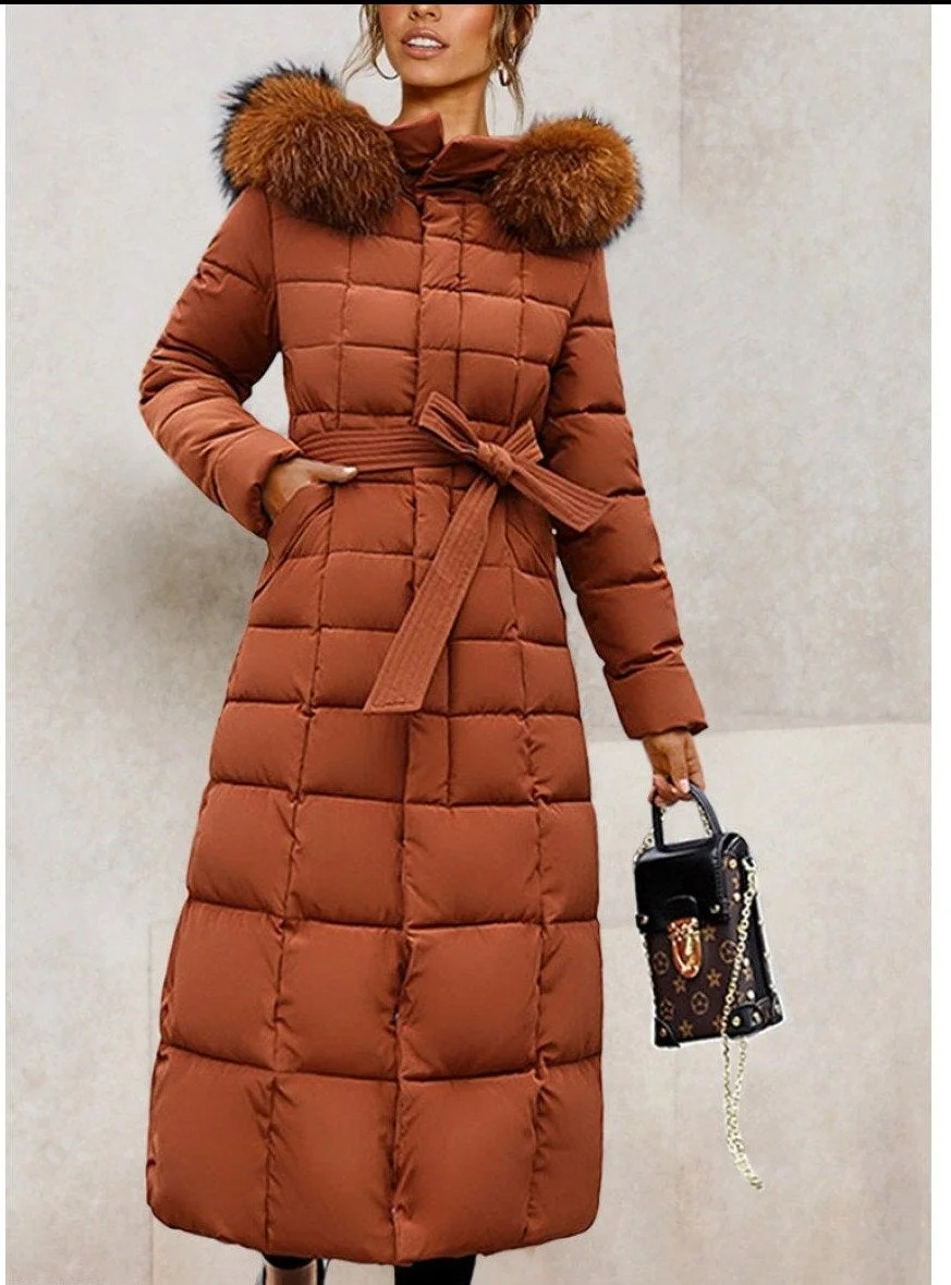 Hooded Fur Collar Belt Plain Coat