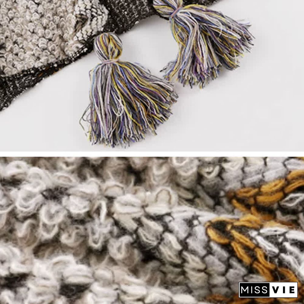 Boho Vintage Print Colorblock Shawl Wrap V-neck Lace Up Dress