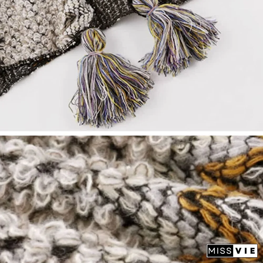 Boho Vintage Print Colorblock Shawl Wrap V-neck Lace Up Dress