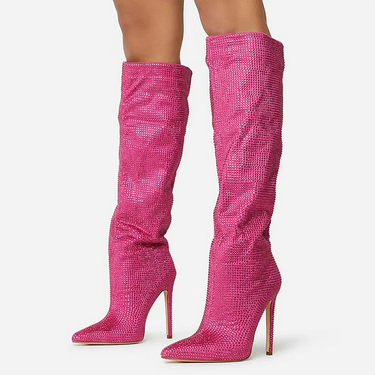 Solid Color Pointed Toe Slender Heel Rhinestone Boots-Pink