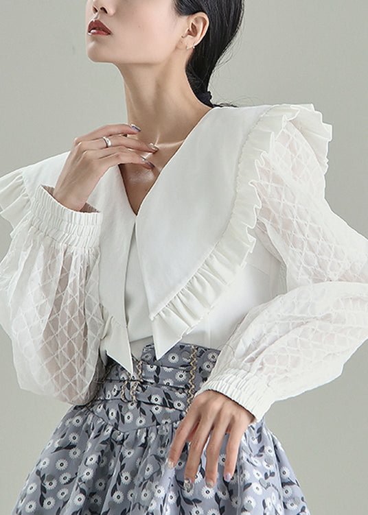 Fitted White Ruffled Patchwork Cotton Blouse Top Spring CK1797- Fabulory