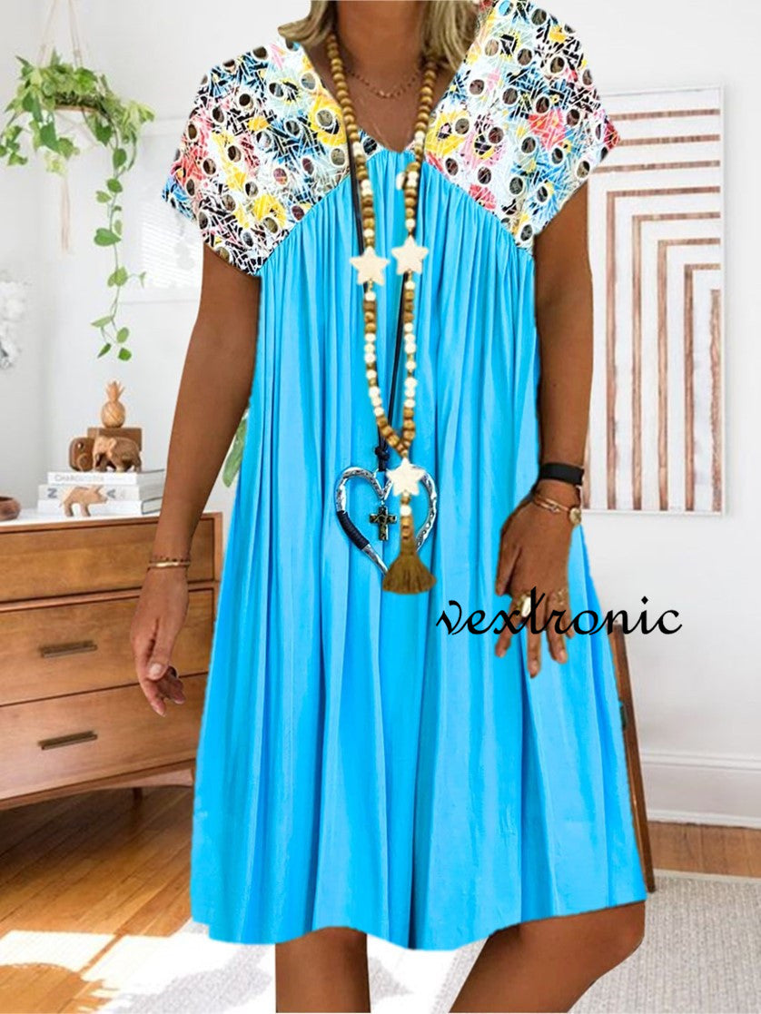 Women Half Sleeve V-neck Solid Color Dress