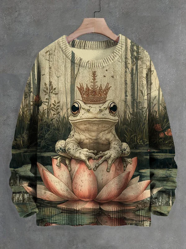 Men's Frog Wearing A Crown On A Lotus Art Print Knit Sweatshirt