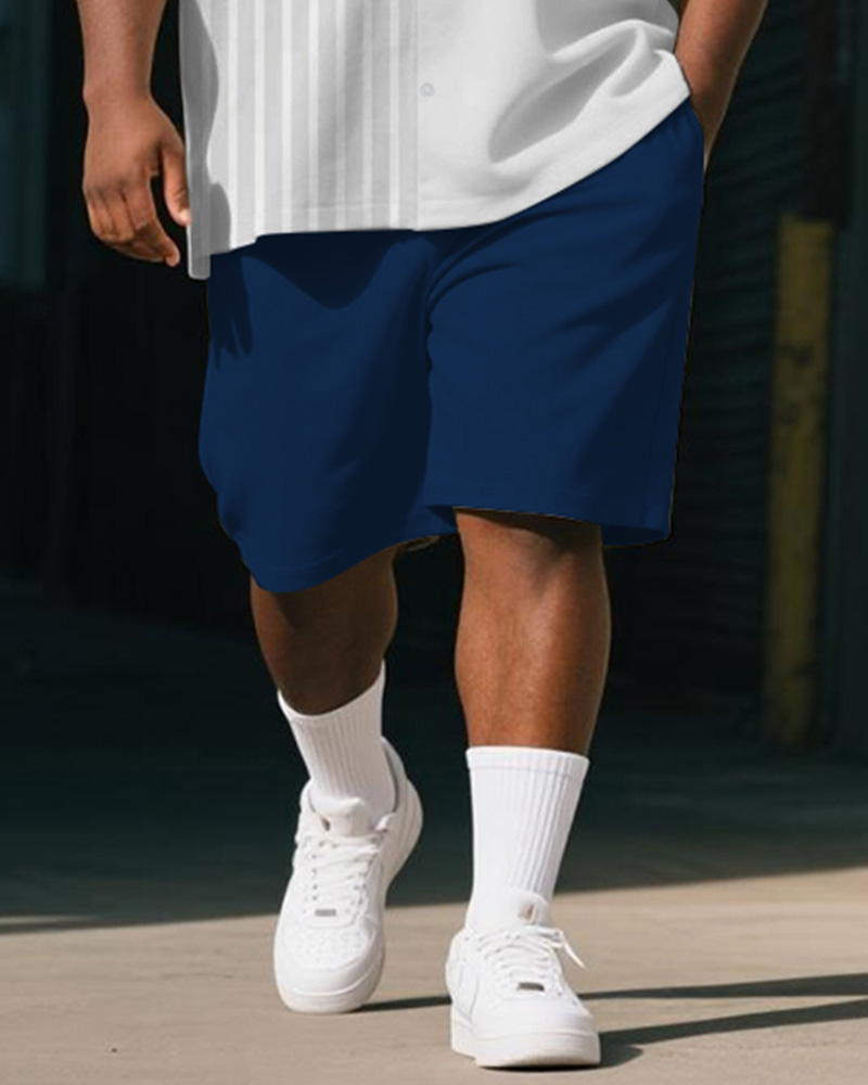 Men's Plus Size Casual Business Blue Geometric Stripe Alphabet Print Shirt Shorts Suit