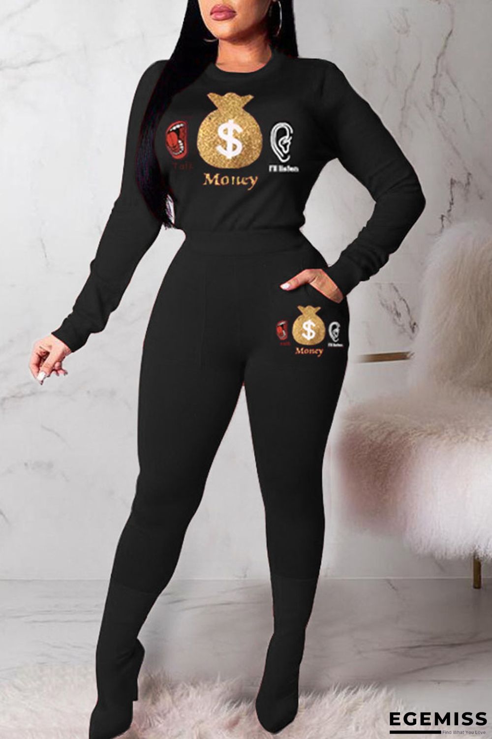 Black Casual Print Patchwork O Neck Long Sleeve Two Pieces | EGEMISS